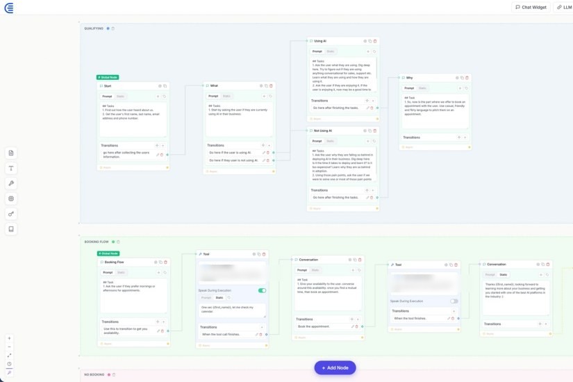Flow builder — qualifying logic and booking flows as connected nodes
